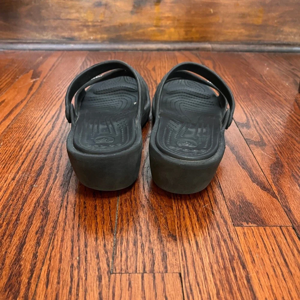 Crocs Patricia Wedge Sandals Womens Size 10 Black Multi Strap Slip On Slides